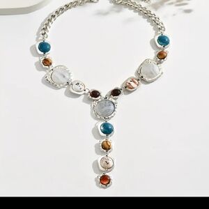 Silver-tone Multi-Stone Y Necklace with Blue, White and Brown Accents